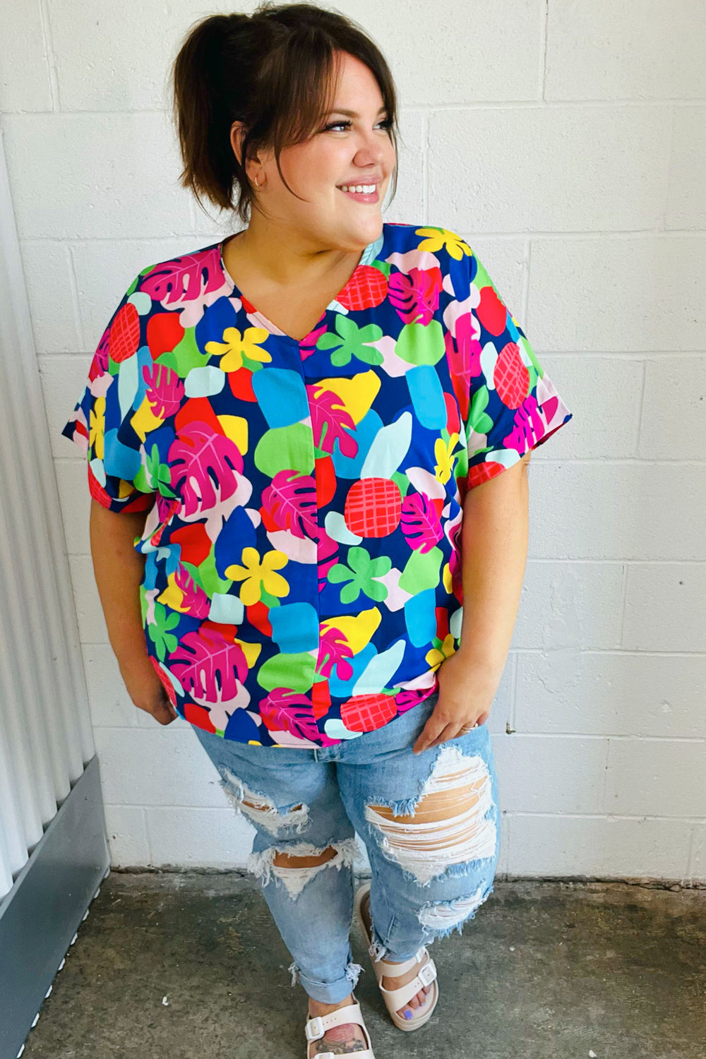 Time For Sun Navy Multicolor Tropical Print V Neck Top - Charming Charlie