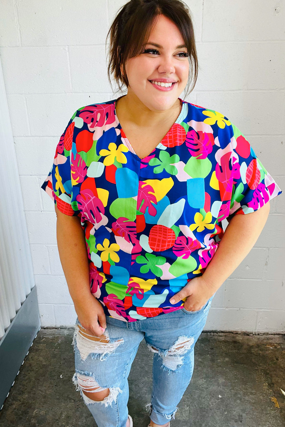 Time For Sun Navy Multicolor Tropical Print V Neck Top - Charming Charlie