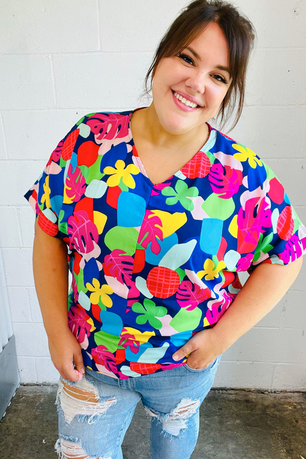 Time For Sun Navy Multicolor Tropical Print V Neck Top - Charming Charlie