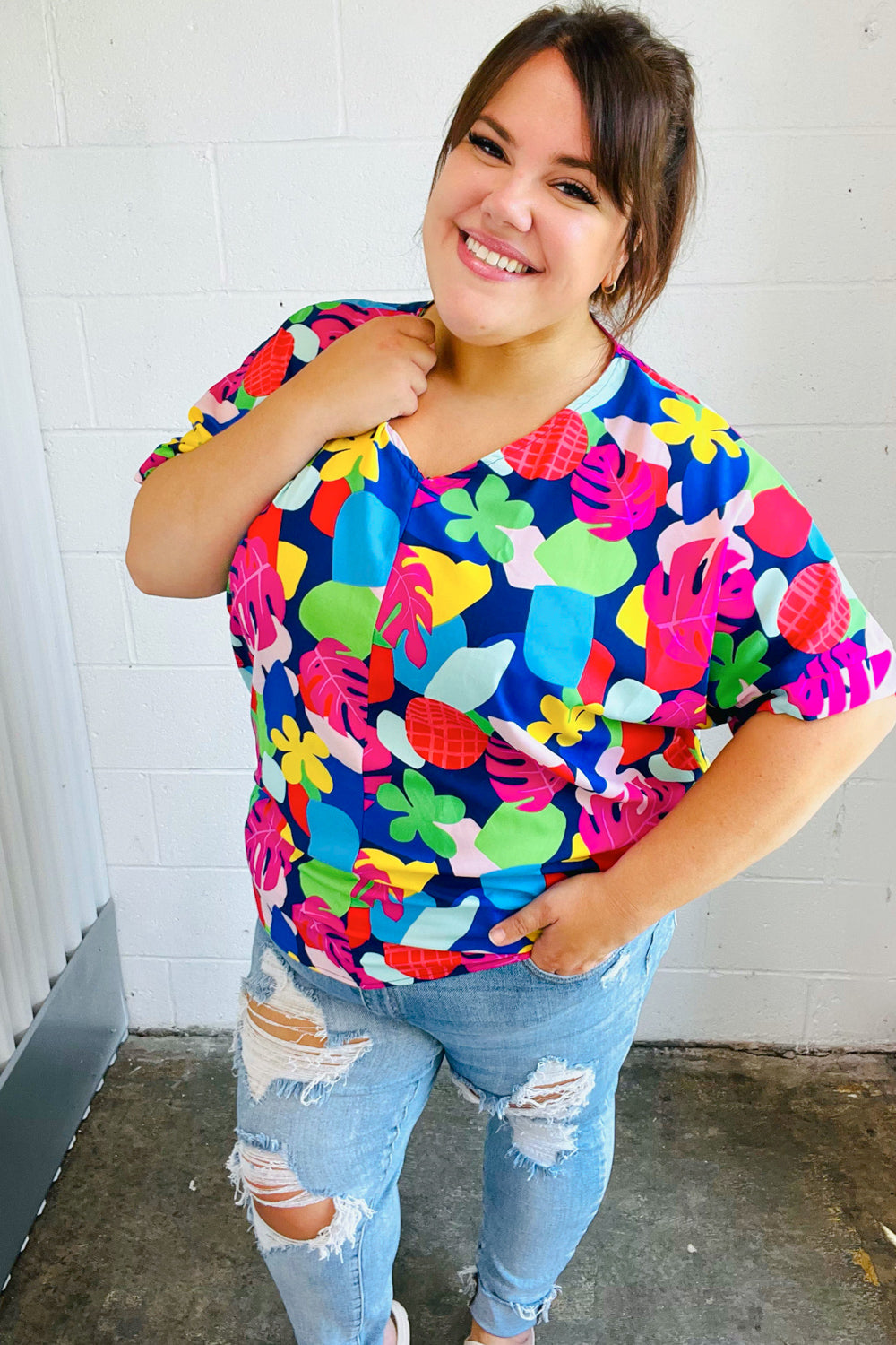 Time For Sun Navy Multicolor Tropical Print V Neck Top - Charming Charlie