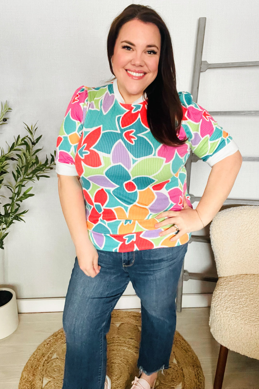 Spring Vibes Multicolor floral Rib Back Bow Tie Detail Top - Charming Charlie