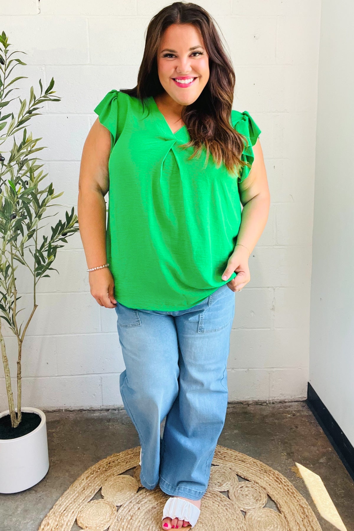 Sunny Days Kelly Green Banded V Neck Flutter Sleeve Top - Charming Charlie