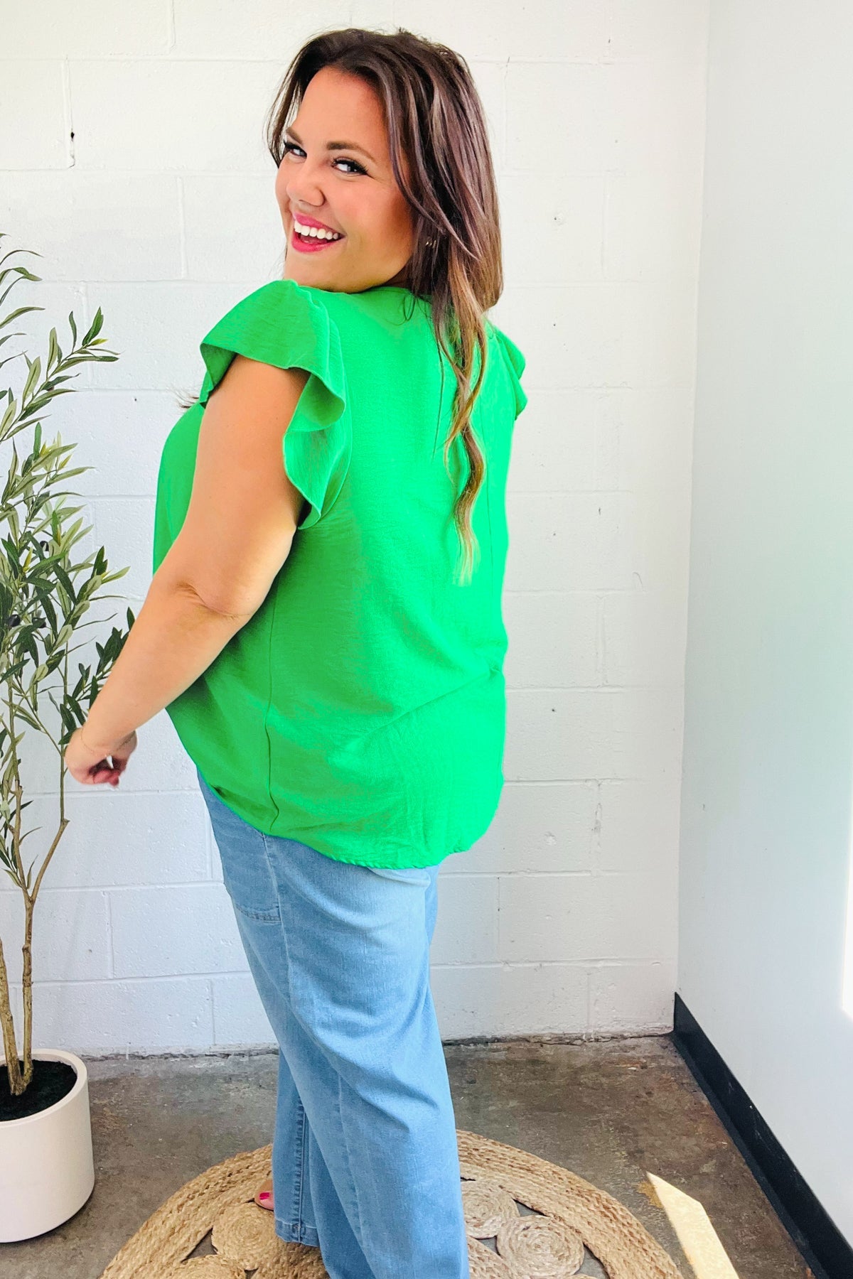 Sunny Days Kelly Green Banded V Neck Flutter Sleeve Top - Charming Charlie
