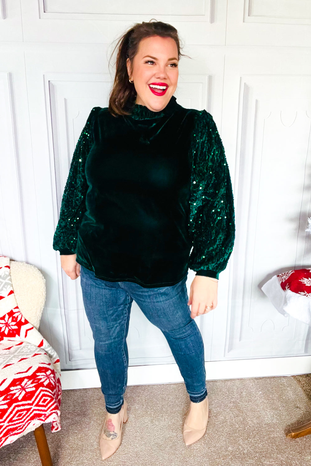Under the Lights Green Velvet & Sequin Frill Mock Neck Top - Charming Charlie