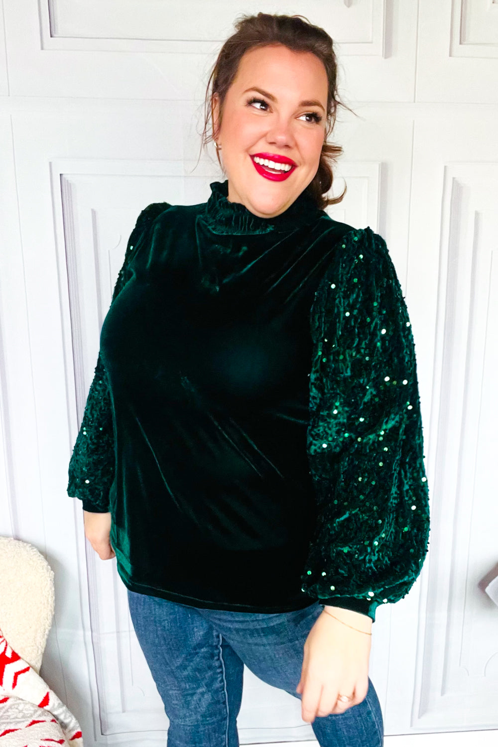 Under the Lights Green Velvet & Sequin Frill Mock Neck Top - Charming Charlie
