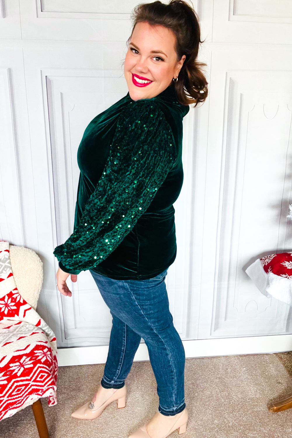 Under the Lights Green Velvet & Sequin Frill Mock Neck Top - Charming Charlie