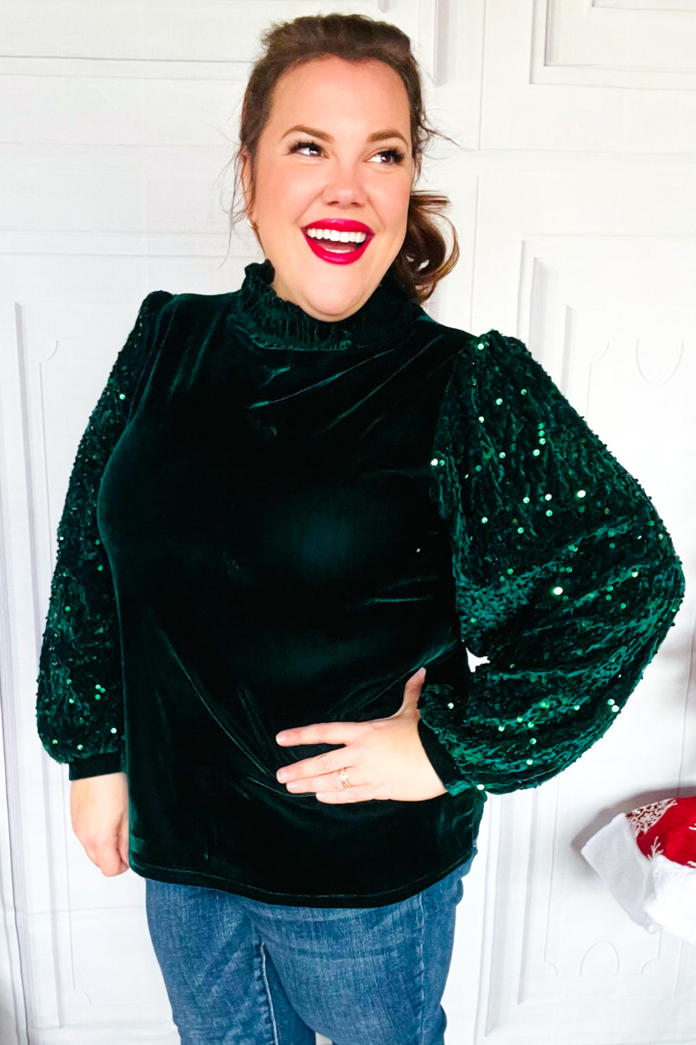 Under the Lights Green Velvet & Sequin Frill Mock Neck Top - Charming Charlie