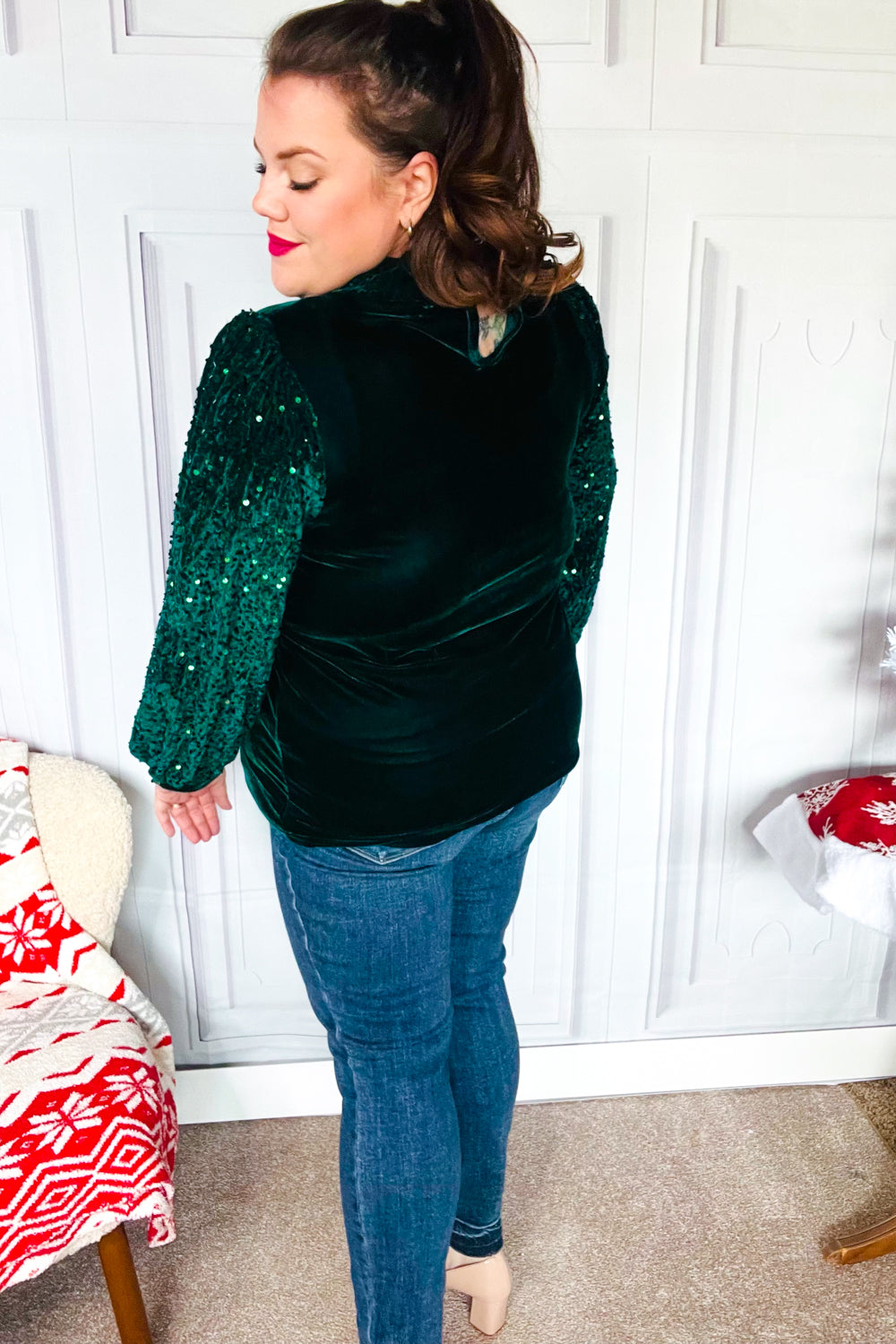 Under the Lights Green Velvet & Sequin Frill Mock Neck Top - Charming Charlie