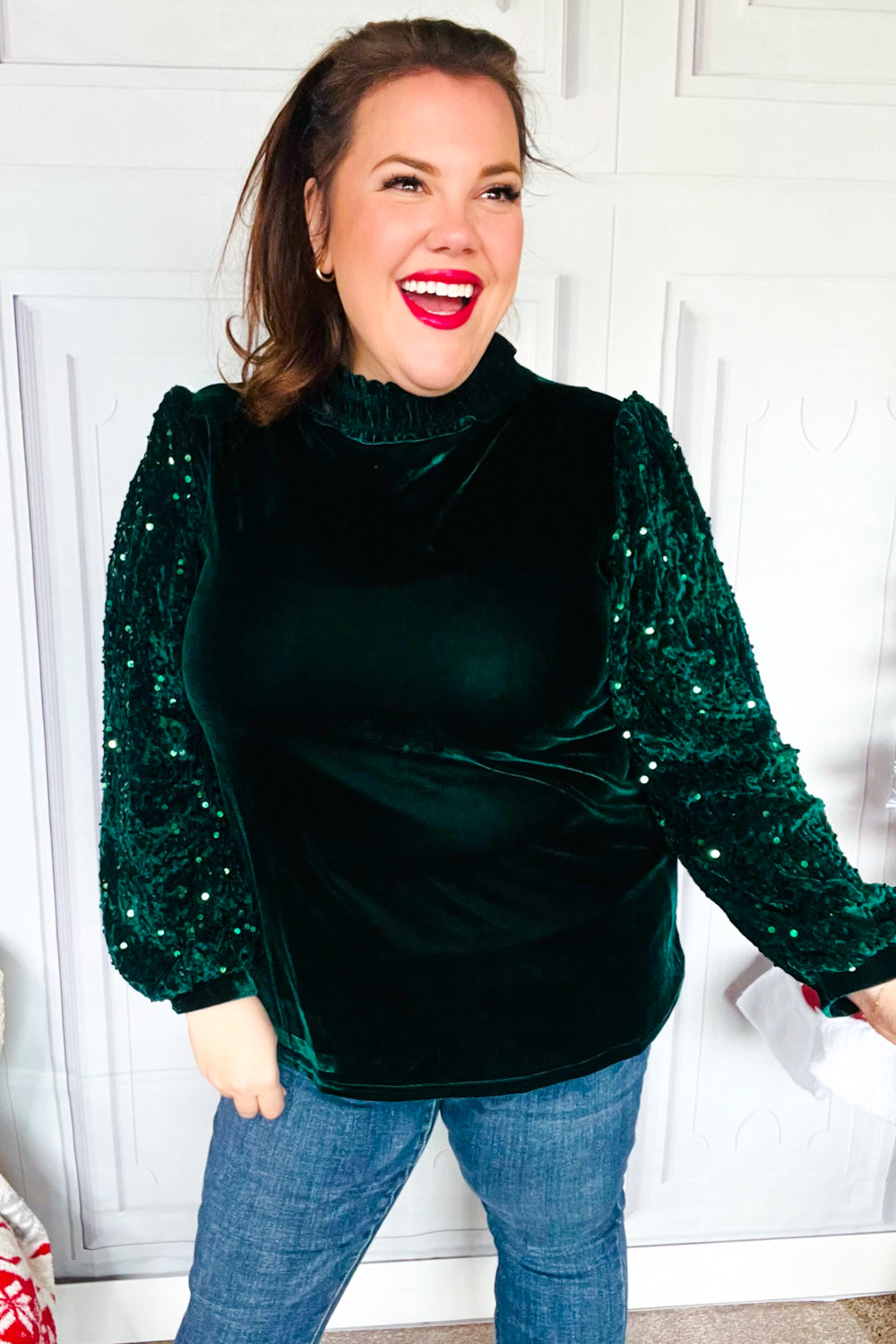 Under the Lights Green Velvet & Sequin Frill Mock Neck Top - Charming Charlie