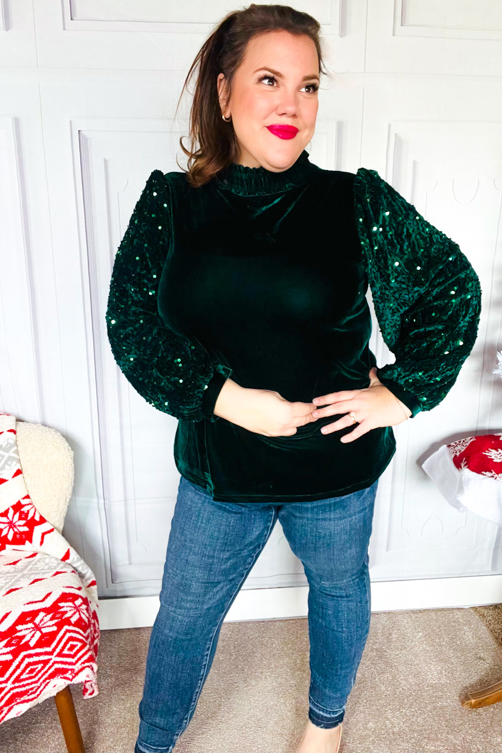 Under the Lights Green Velvet & Sequin Frill Mock Neck Top - Charming Charlie
