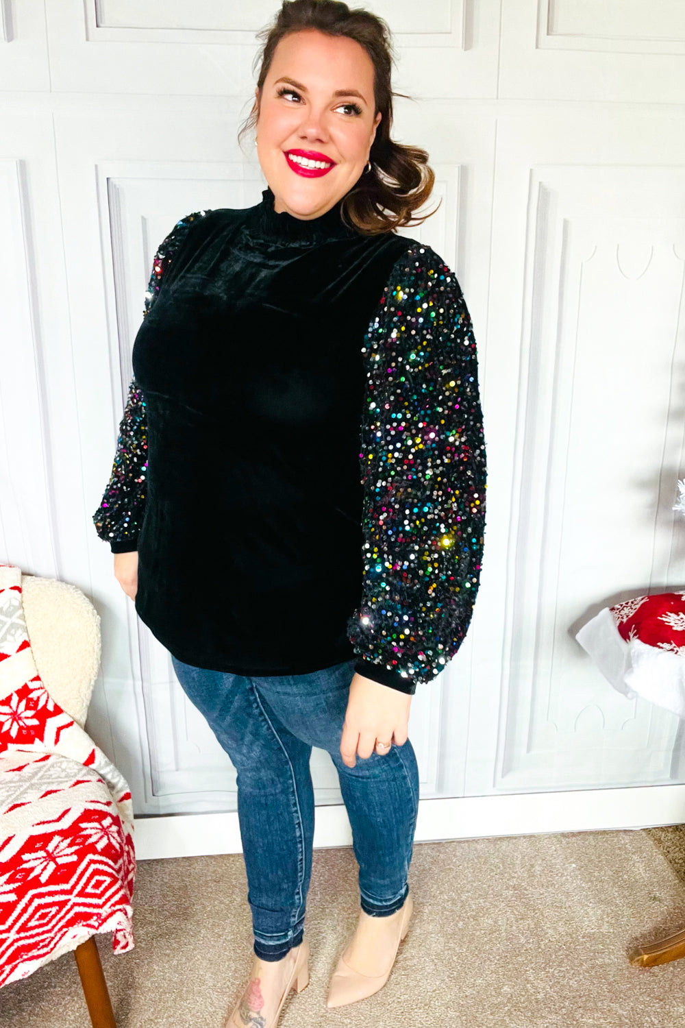 Under the Lights Green Velvet & Sequin Frill Mock Neck Top - Charming Charlie