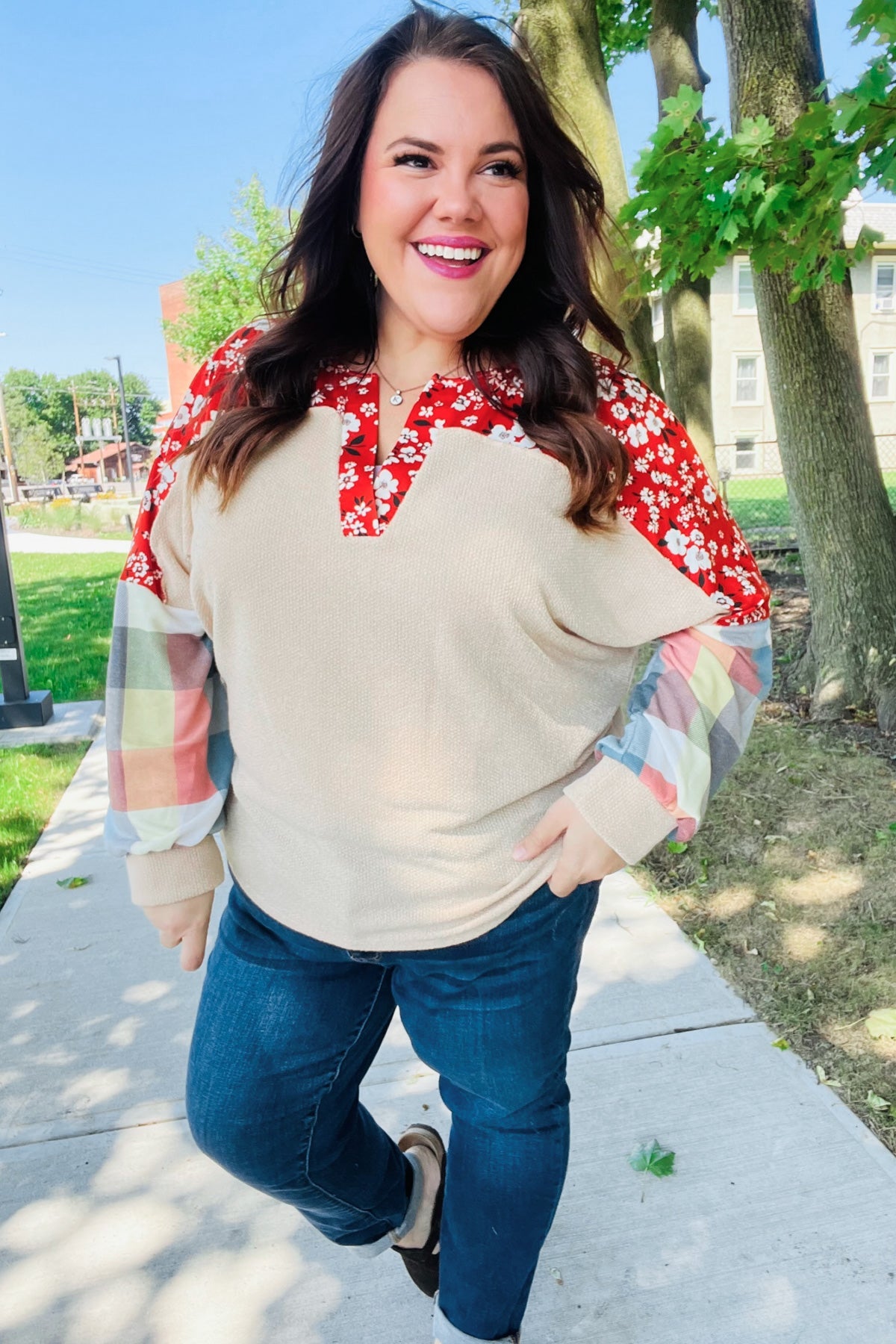 Feeling Femme Oatmeal Plaid Floral Color Block Notch Neck Top - Charming Charlie