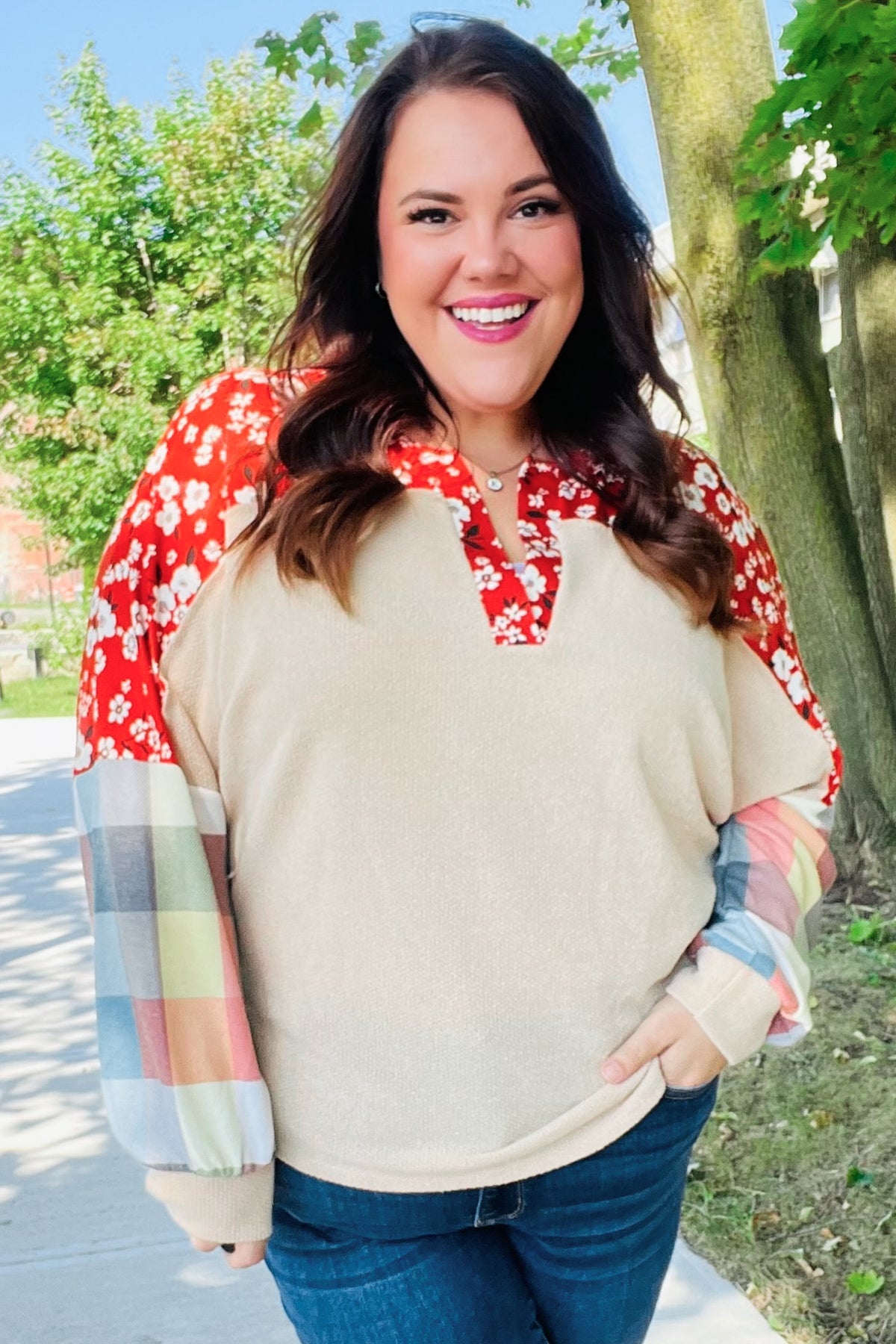 Feeling Femme Oatmeal Plaid Floral Color Block Notch Neck Top - Charming Charlie