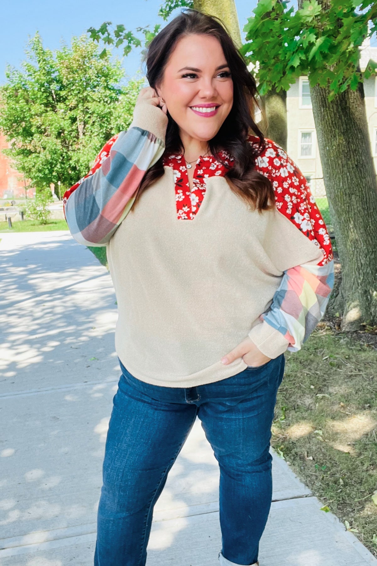 Feeling Femme Oatmeal Plaid Floral Color Block Notch Neck Top - Charming Charlie