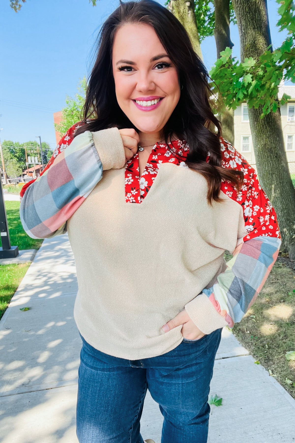 Feeling Femme Oatmeal Plaid Floral Color Block Notch Neck Top - Charming Charlie