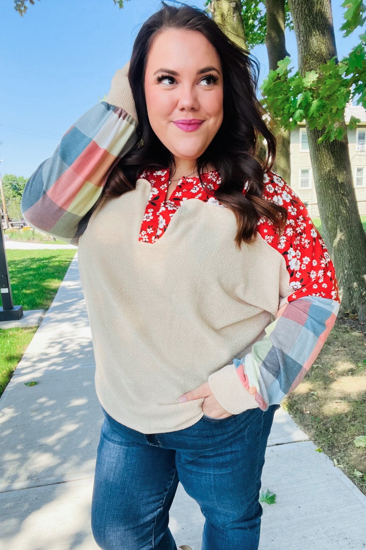 Feeling Femme Oatmeal Plaid Floral Color Block Notch Neck Top - Charming Charlie