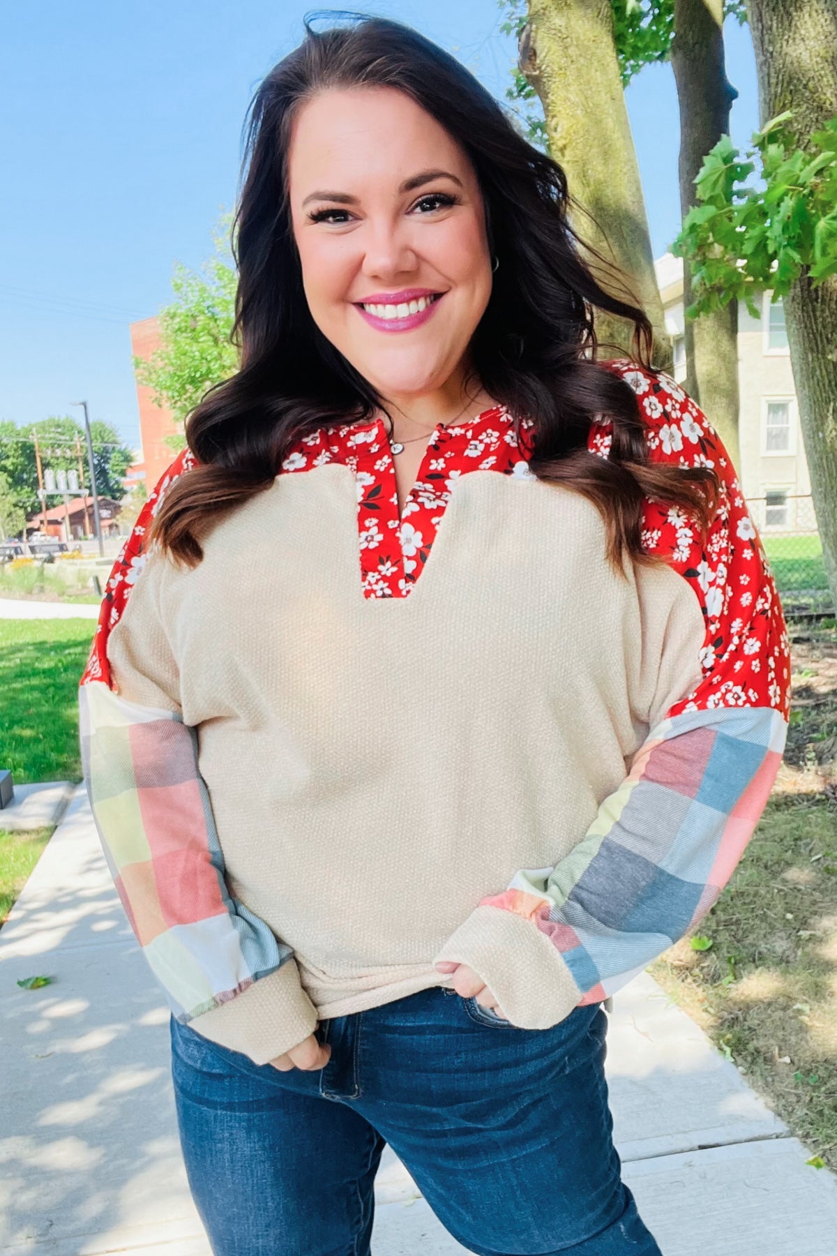 Feeling Femme Oatmeal Plaid Floral Color Block Notch Neck Top - Charming Charlie