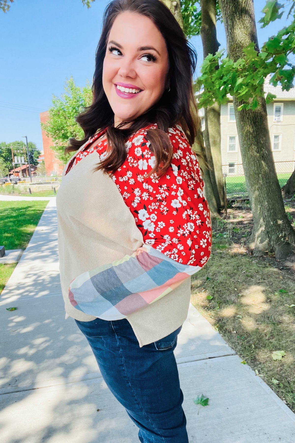 Feeling Femme Oatmeal Plaid Floral Color Block Notch Neck Top - Charming Charlie