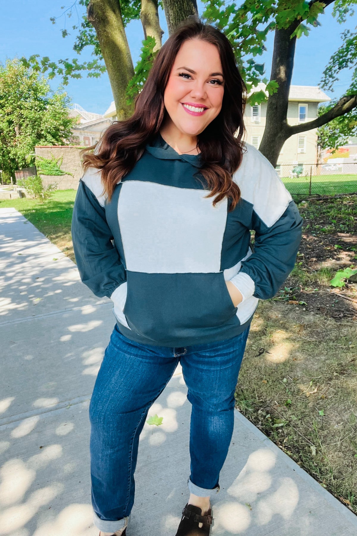 Adorable In Hunter Green Color Block Check Print Terry Hoodie - Charming Charlie