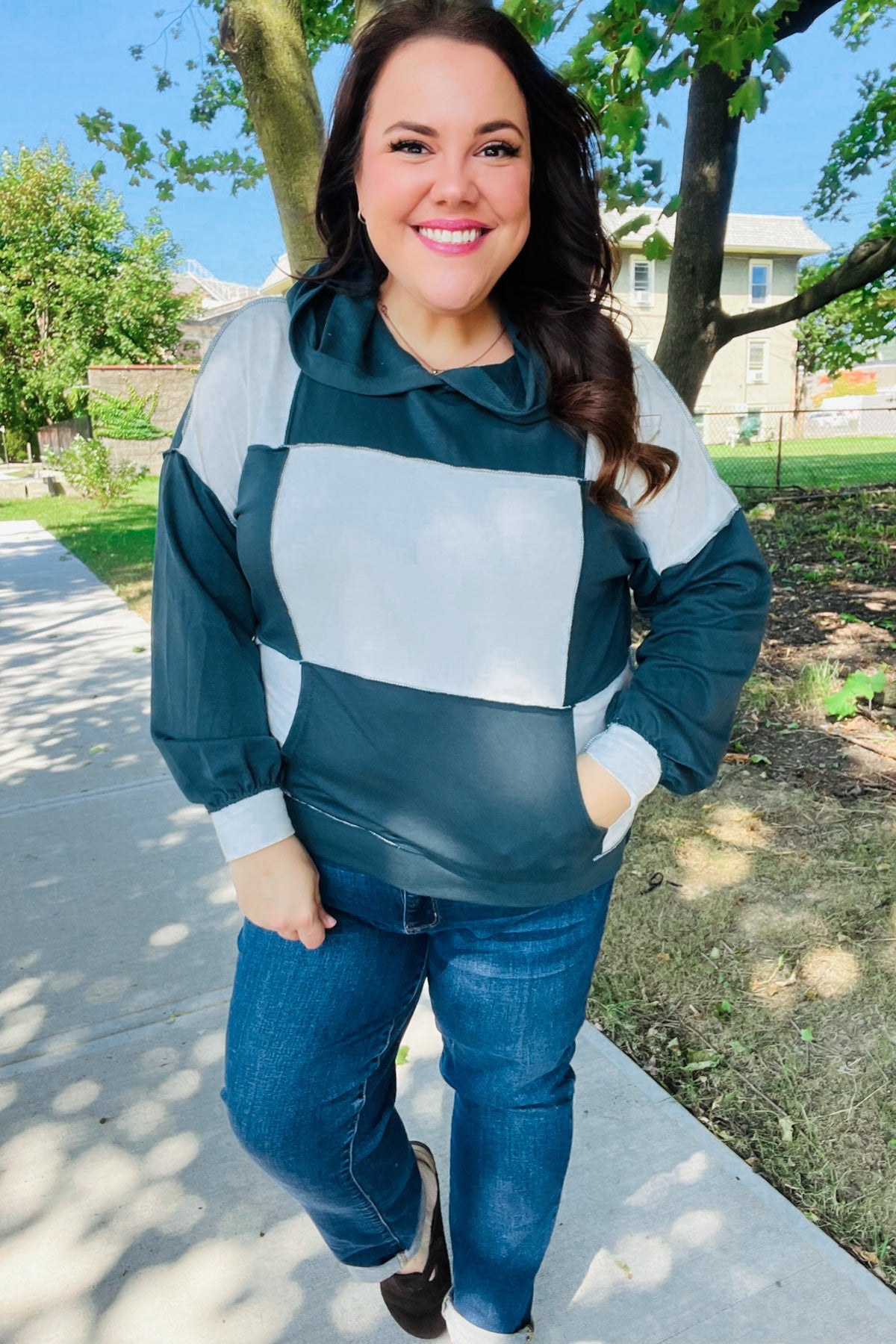 Adorable In Hunter Green Color Block Check Print Terry Hoodie - Charming Charlie