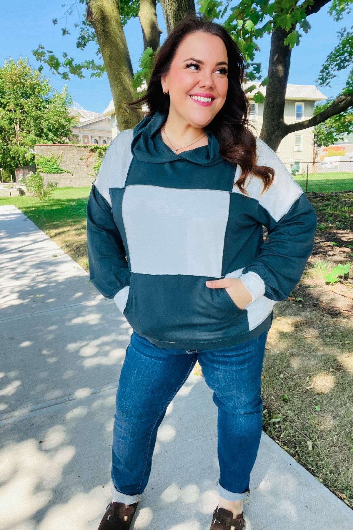 Adorable In Hunter Green Color Block Check Print Terry Hoodie - Charming Charlie