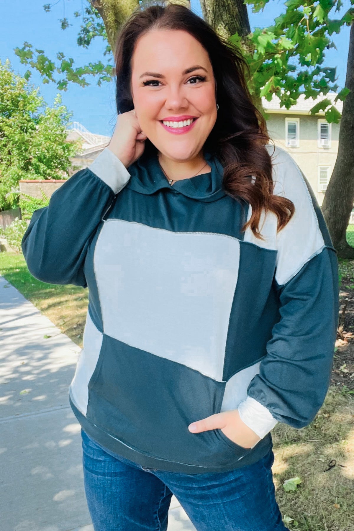 Adorable In Hunter Green Color Block Check Print Terry Hoodie - Charming Charlie