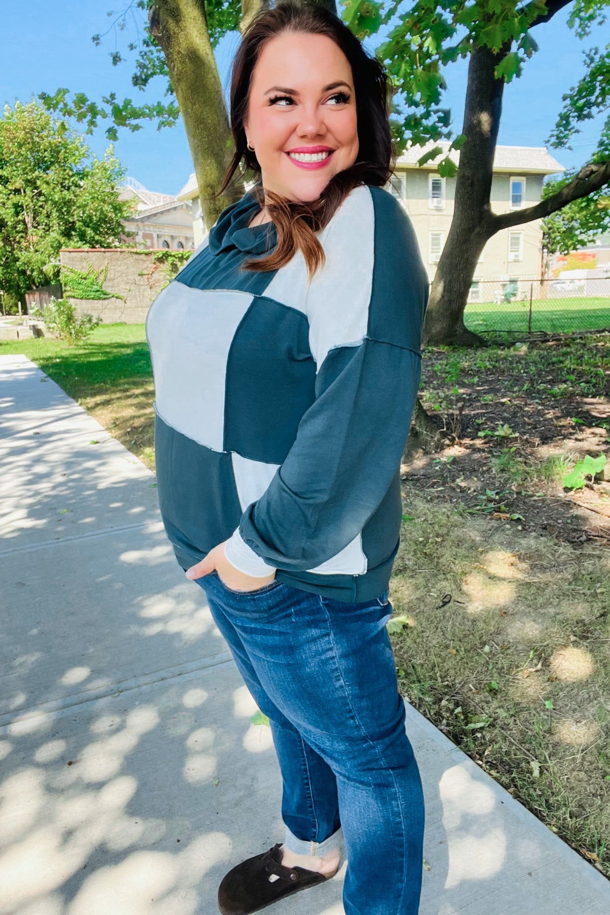 Adorable In Hunter Green Color Block Check Print Terry Hoodie - Charming Charlie