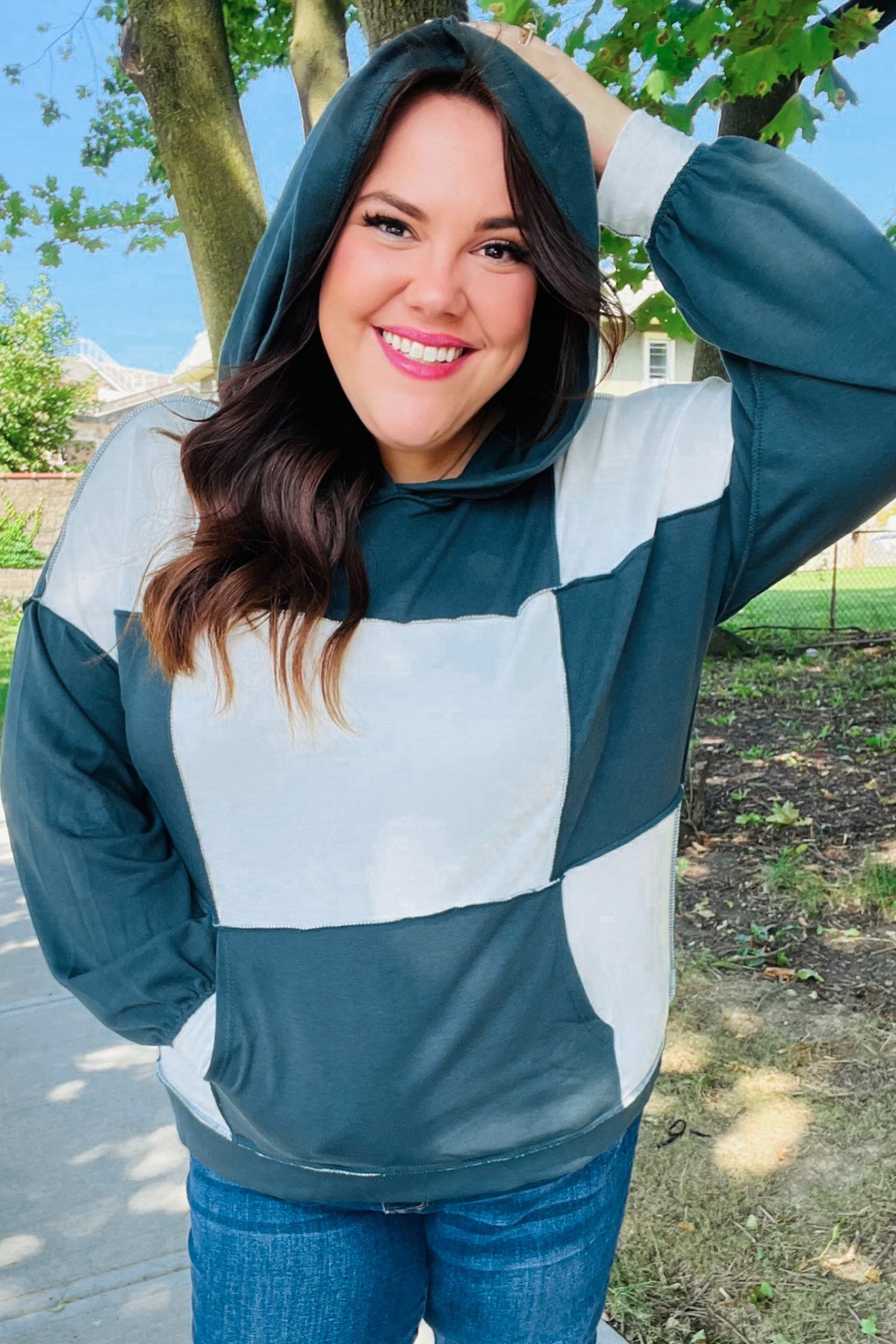 Adorable In Hunter Green Color Block Check Print Terry Hoodie - Charming Charlie