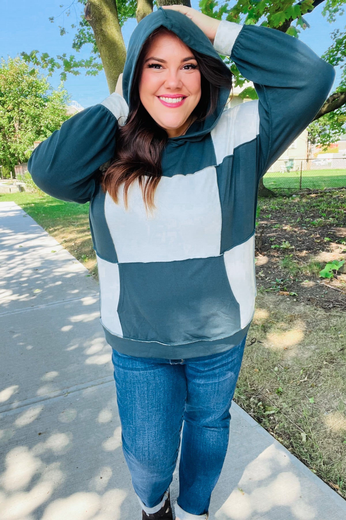 Adorable In Hunter Green Color Block Check Print Terry Hoodie - Charming Charlie