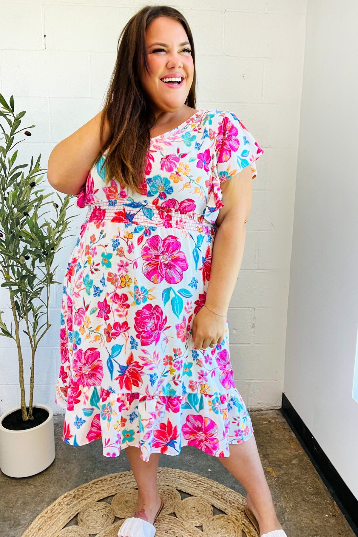 Hello Beautiful Ivory & Fuchsia Floral Sequin Smock Waist Midi Dress - Charming Charlie