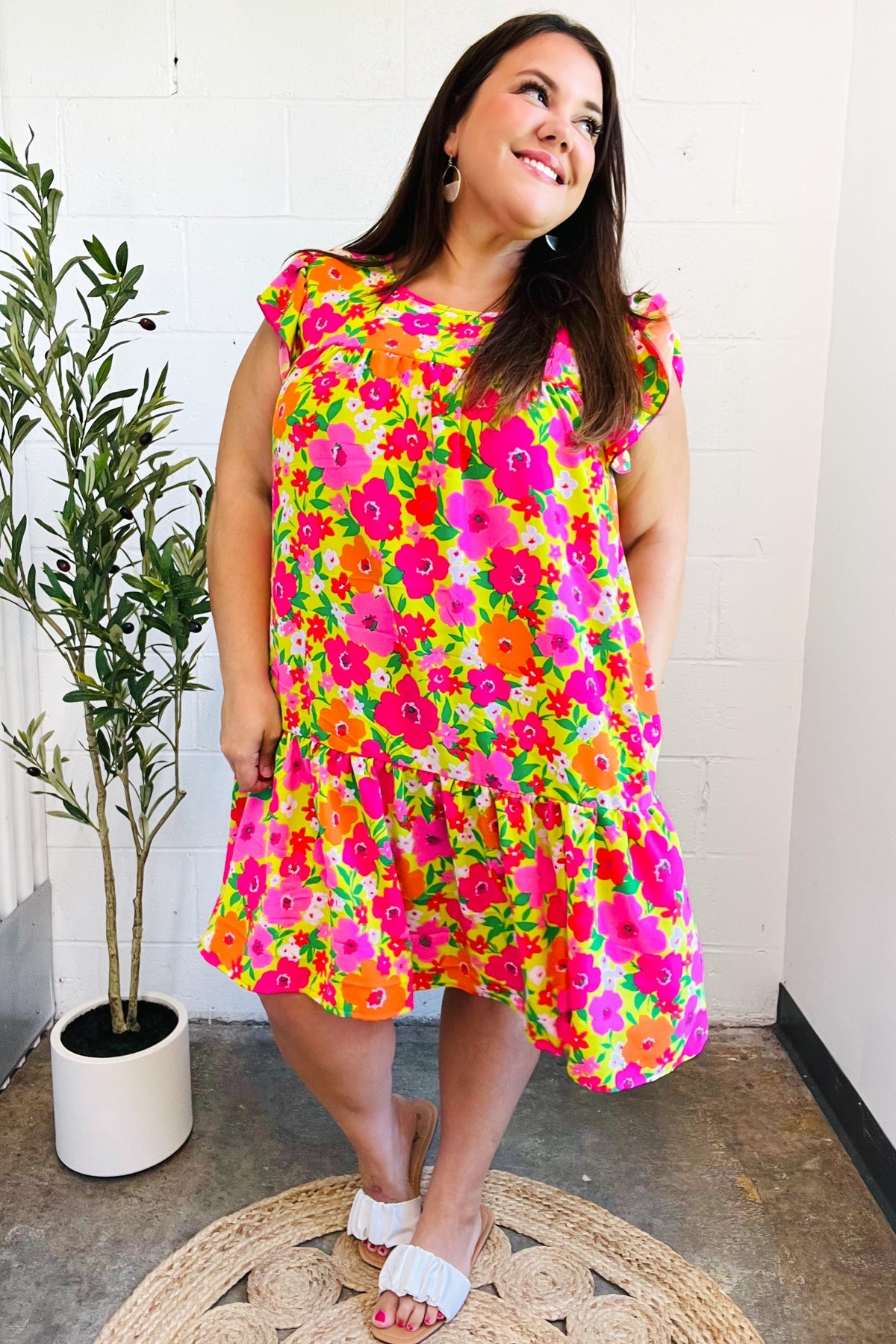 Be Charming Lime & Pink Floral Print Tiered Ruffle Sleeve Dress - Charming Charlie