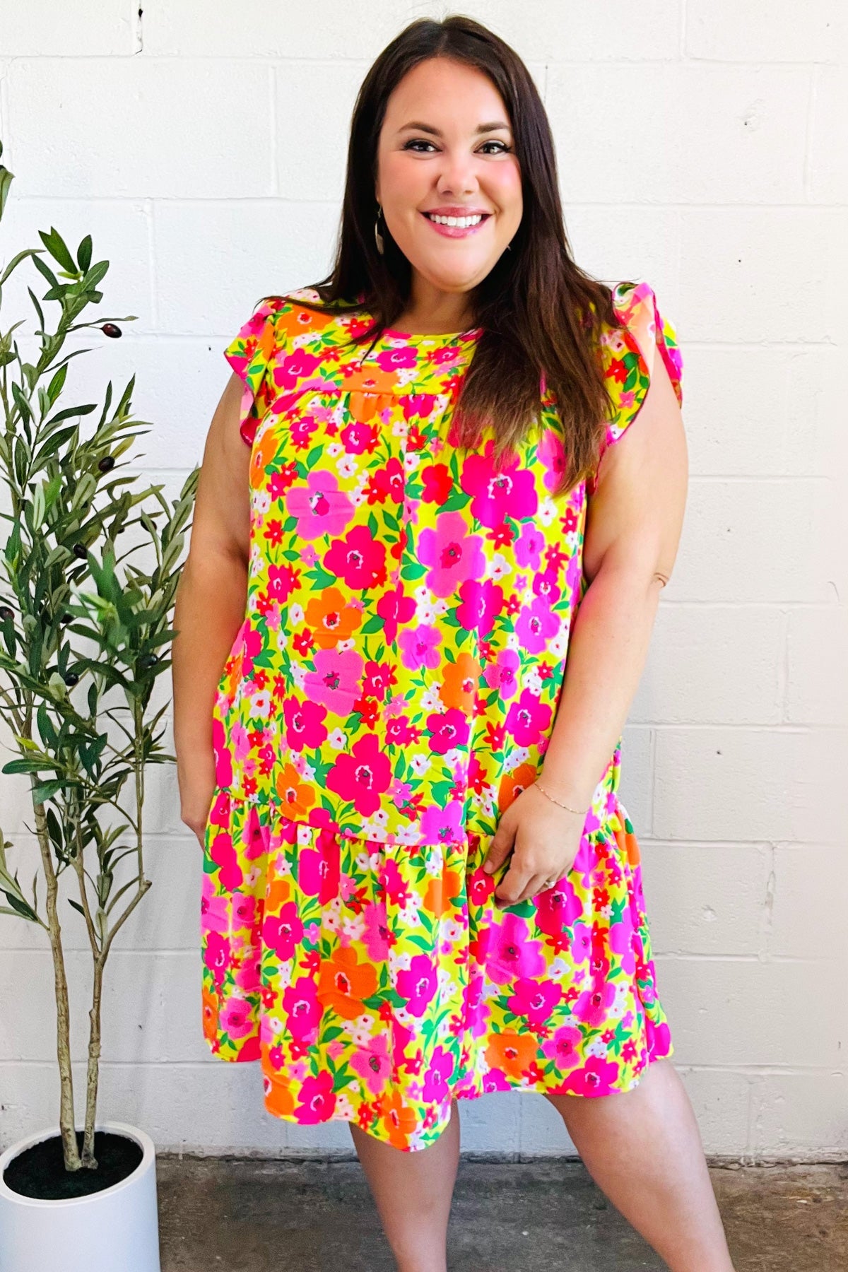 Be Charming Lime & Pink Floral Print Tiered Ruffle Sleeve Dress - Charming Charlie