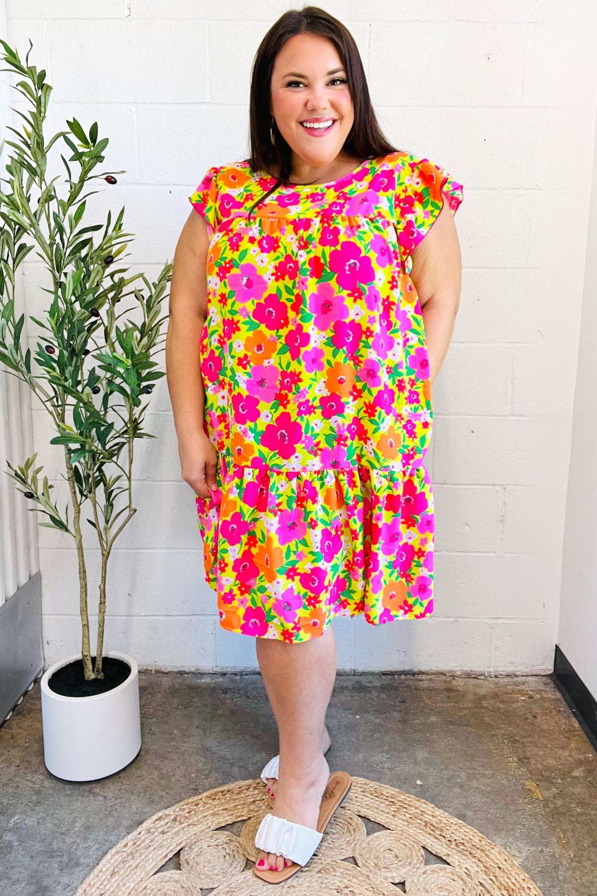 Be Charming Lime & Pink Floral Print Tiered Ruffle Sleeve Dress - Charming Charlie