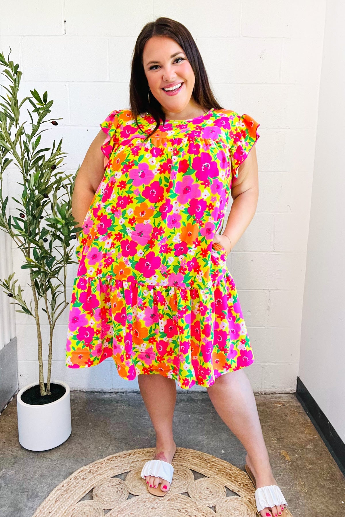 Be Charming Lime & Pink Floral Print Tiered Ruffle Sleeve Dress - Charming Charlie