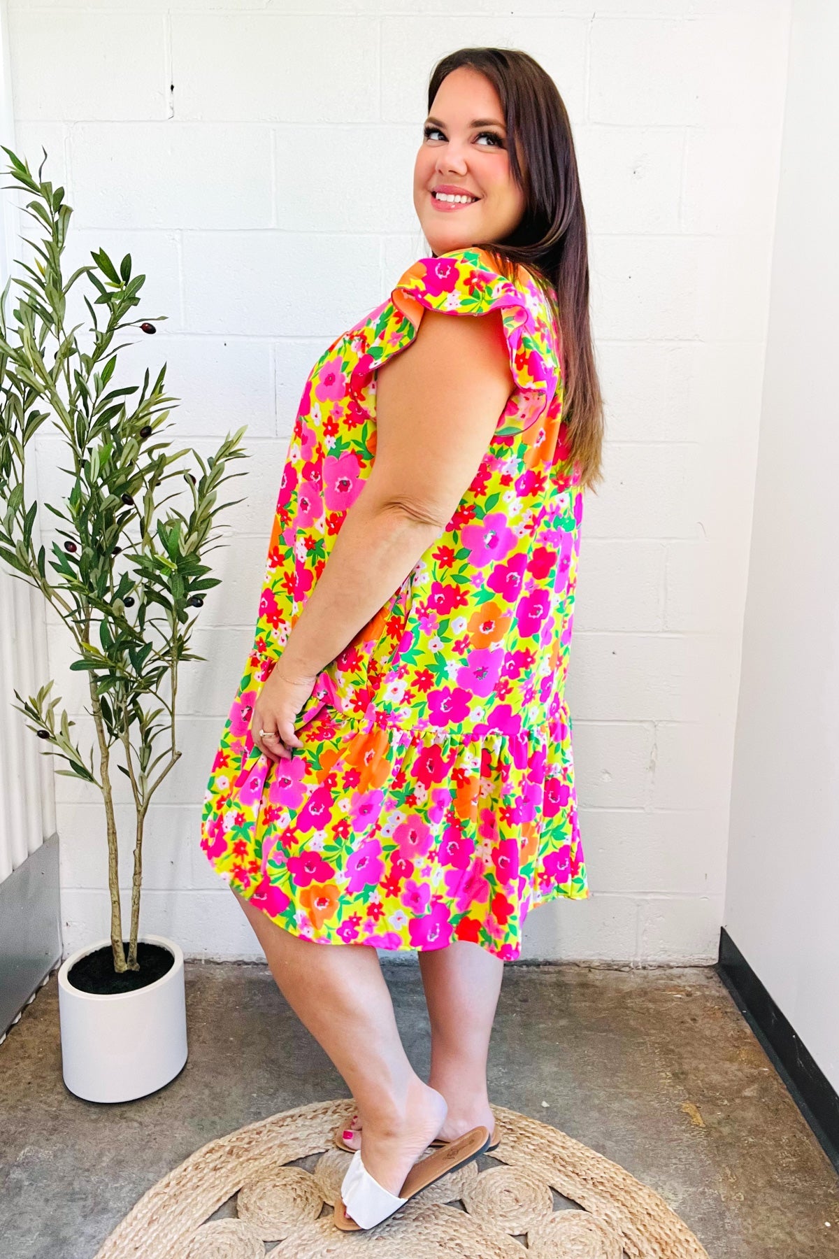 Be Charming Lime & Pink Floral Print Tiered Ruffle Sleeve Dress - Charming Charlie