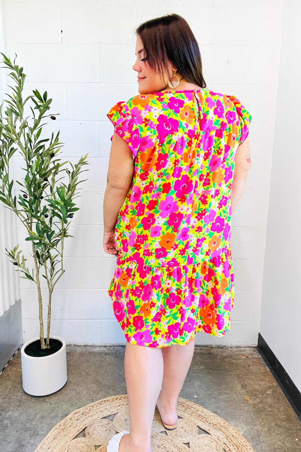 Be Charming Lime & Pink Floral Print Tiered Ruffle Sleeve Dress - Charming Charlie