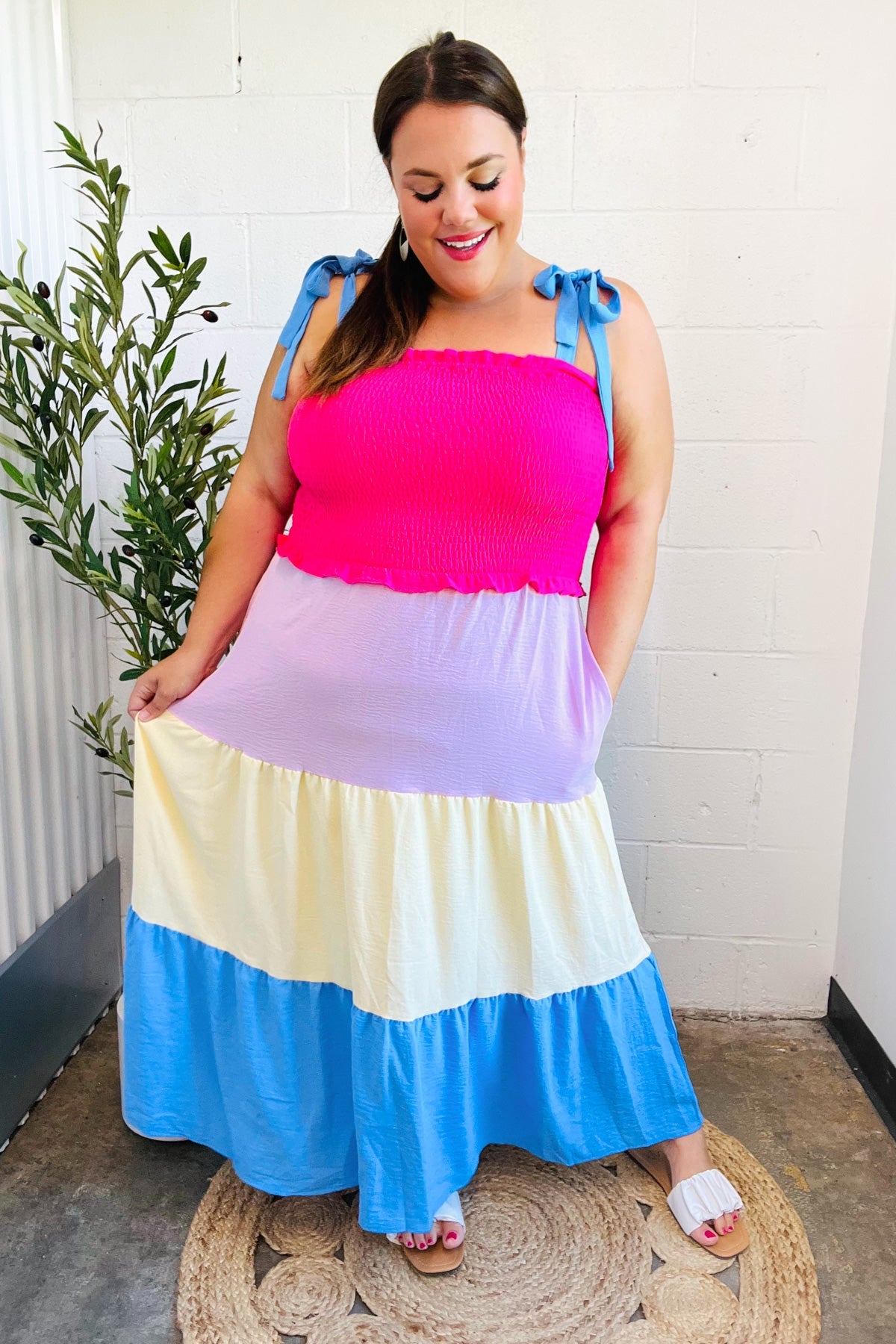 Vacay Vibes Hot Pink & Blue Smocked Color Block Maxi Dress - Charming Charlie