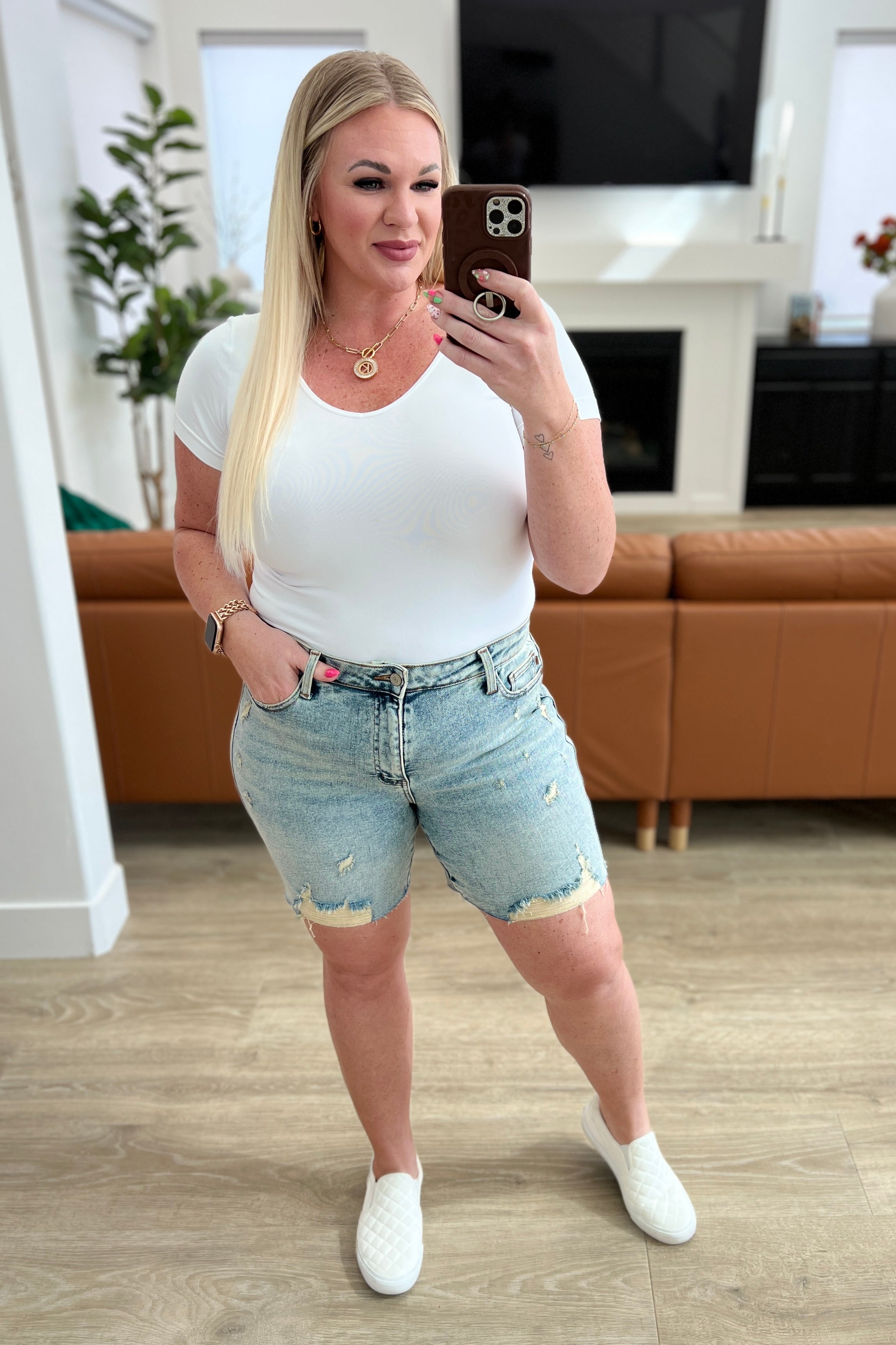 Cindy High Rise Mineral Wash Distressed Boyfriend Shorts - Charming Charlie