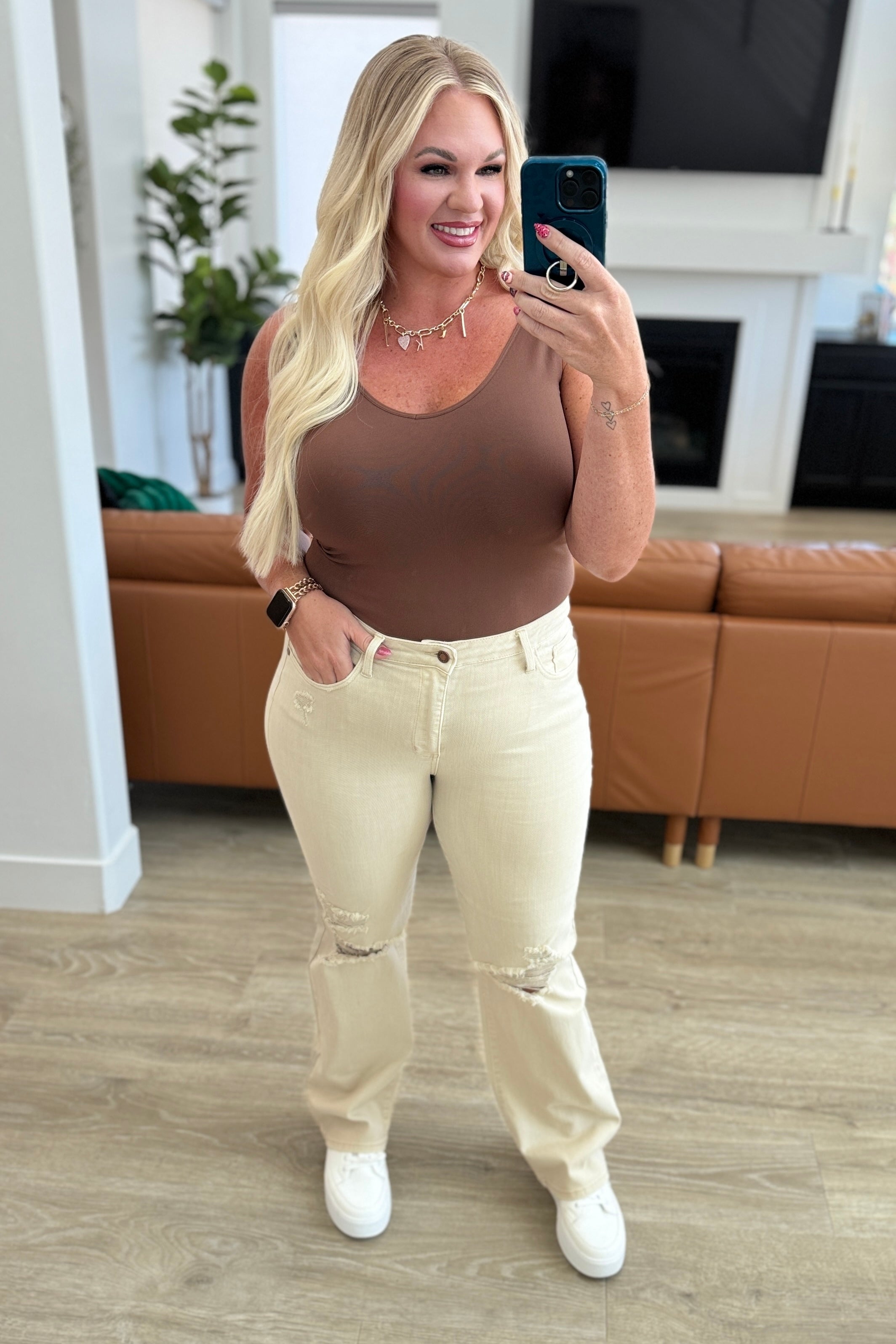 Selena High Rise Distressed 90's Straight Jeans in Bone - Charming Charlie
