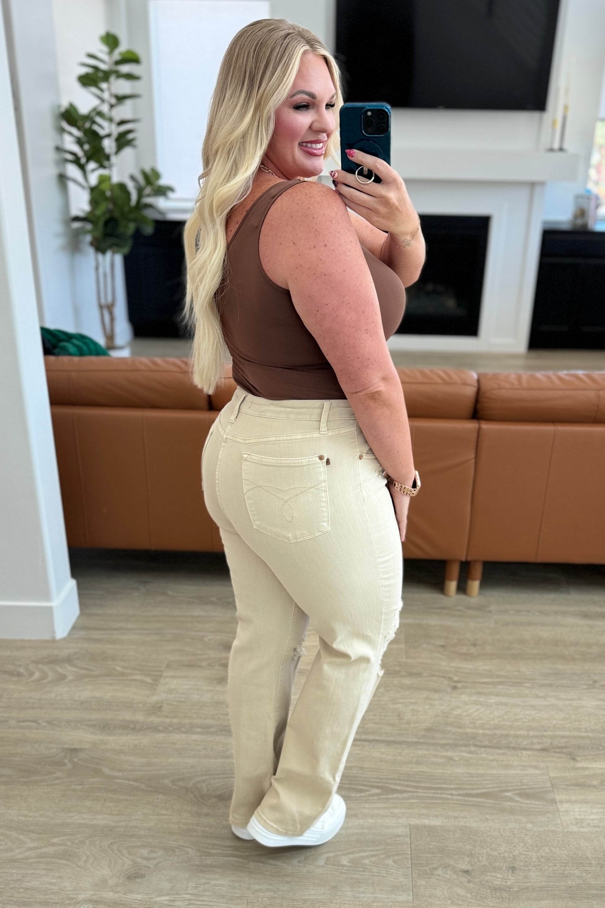 Selena High Rise Distressed 90's Straight Jeans in Bone - Charming Charlie