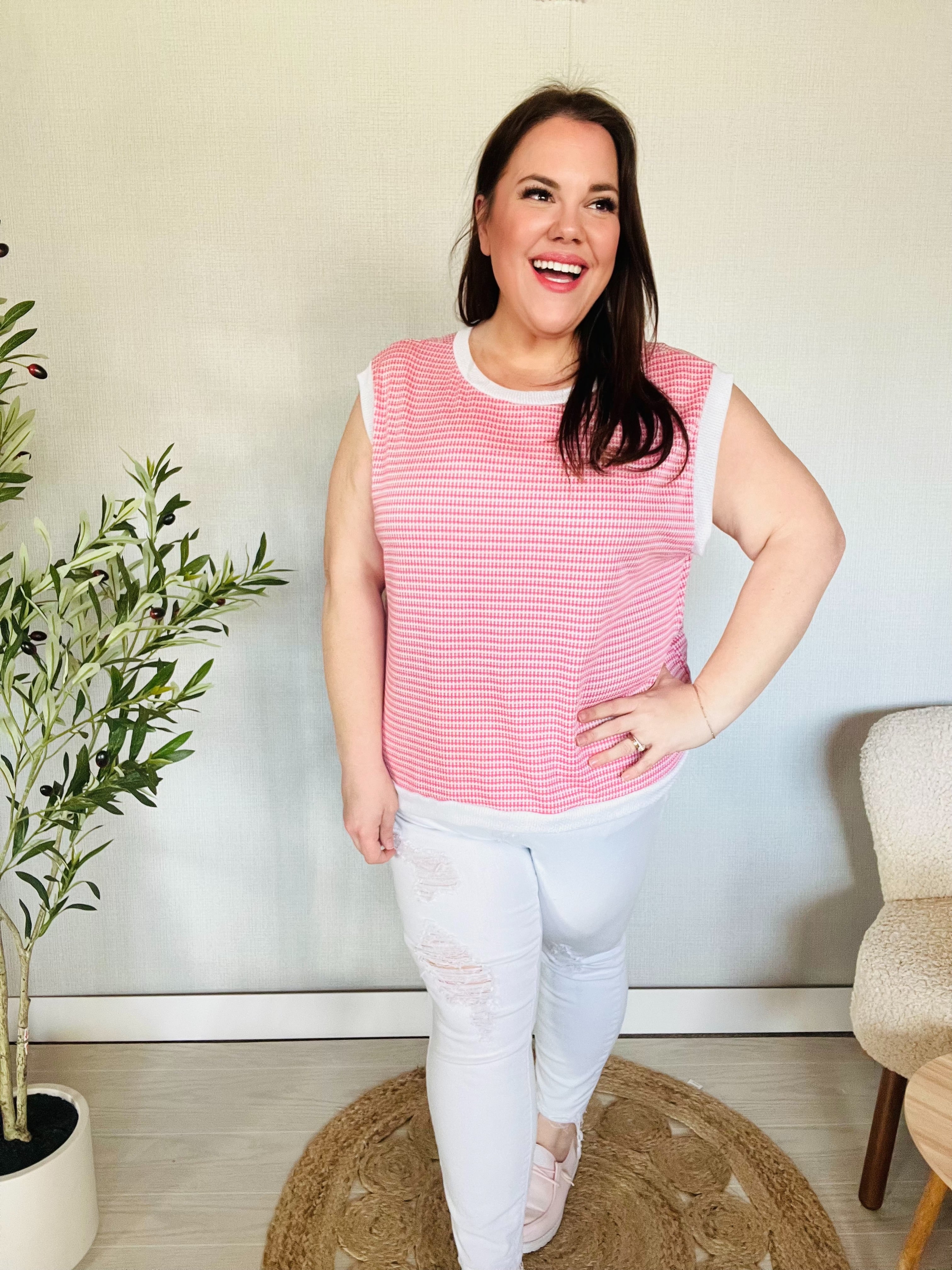 Lock Eyes Pink & Ivory Jacquard Waffle Knit Banded Sleeveless Top - Charming Charlie