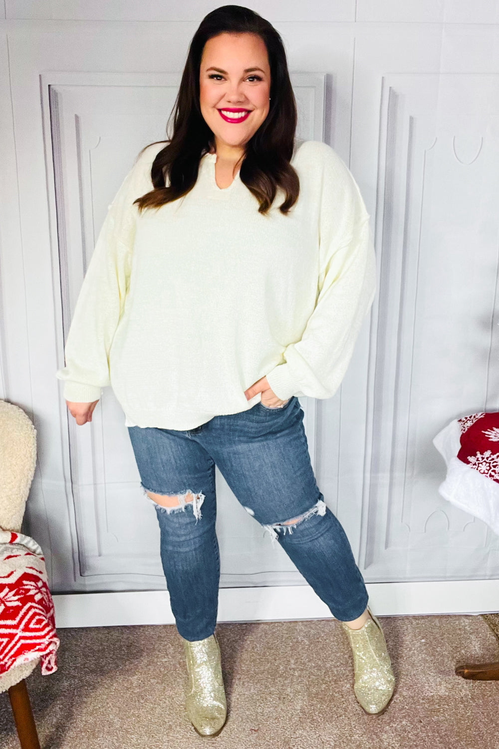 Lock Eyes Ivory Notched Neck With Patch Oversized Sweater - Charming Charlie