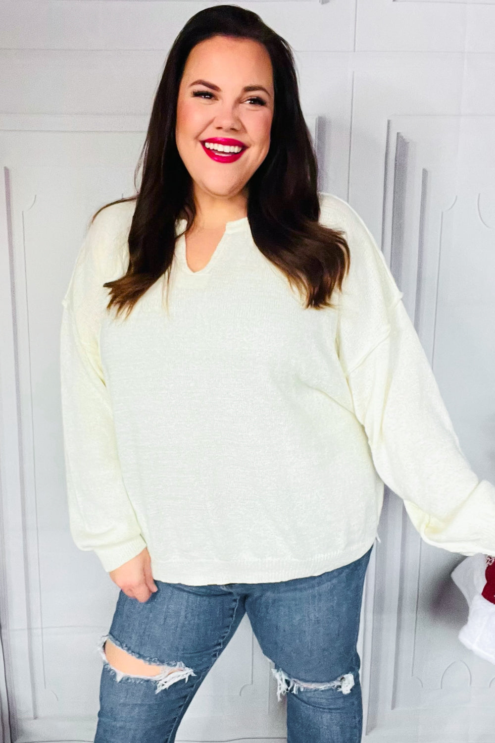 Lock Eyes Ivory Notched Neck With Patch Oversized Sweater - Charming Charlie