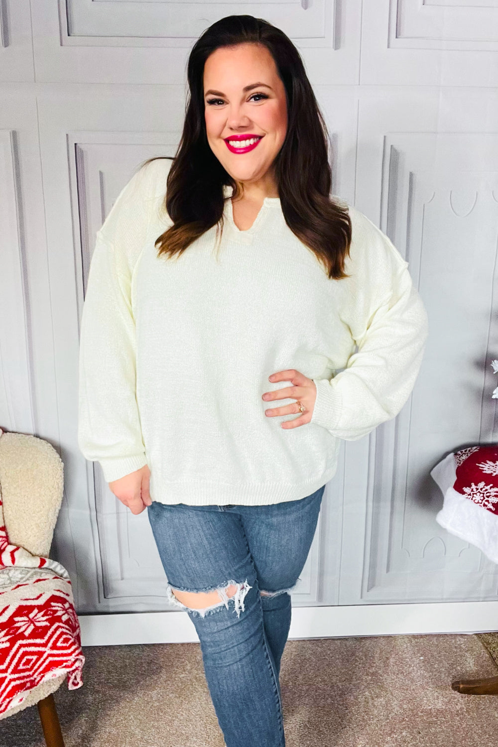 Lock Eyes Ivory Notched Neck With Patch Oversized Sweater - Charming Charlie