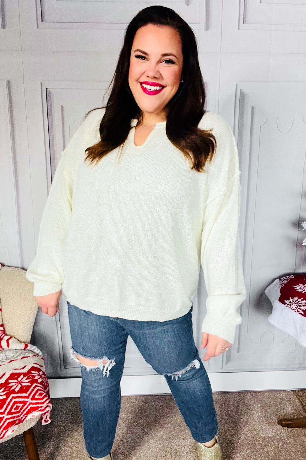 Lock Eyes Ivory Notched Neck With Patch Oversized Sweater - Charming Charlie