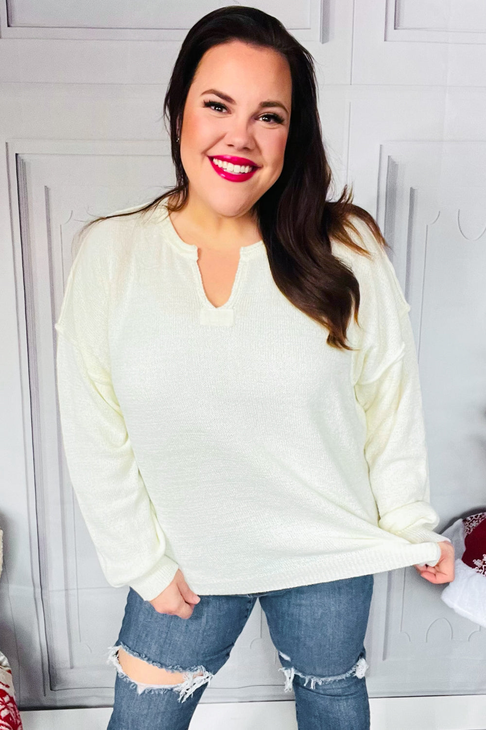 Lock Eyes Ivory Notched Neck With Patch Oversized Sweater - Charming Charlie