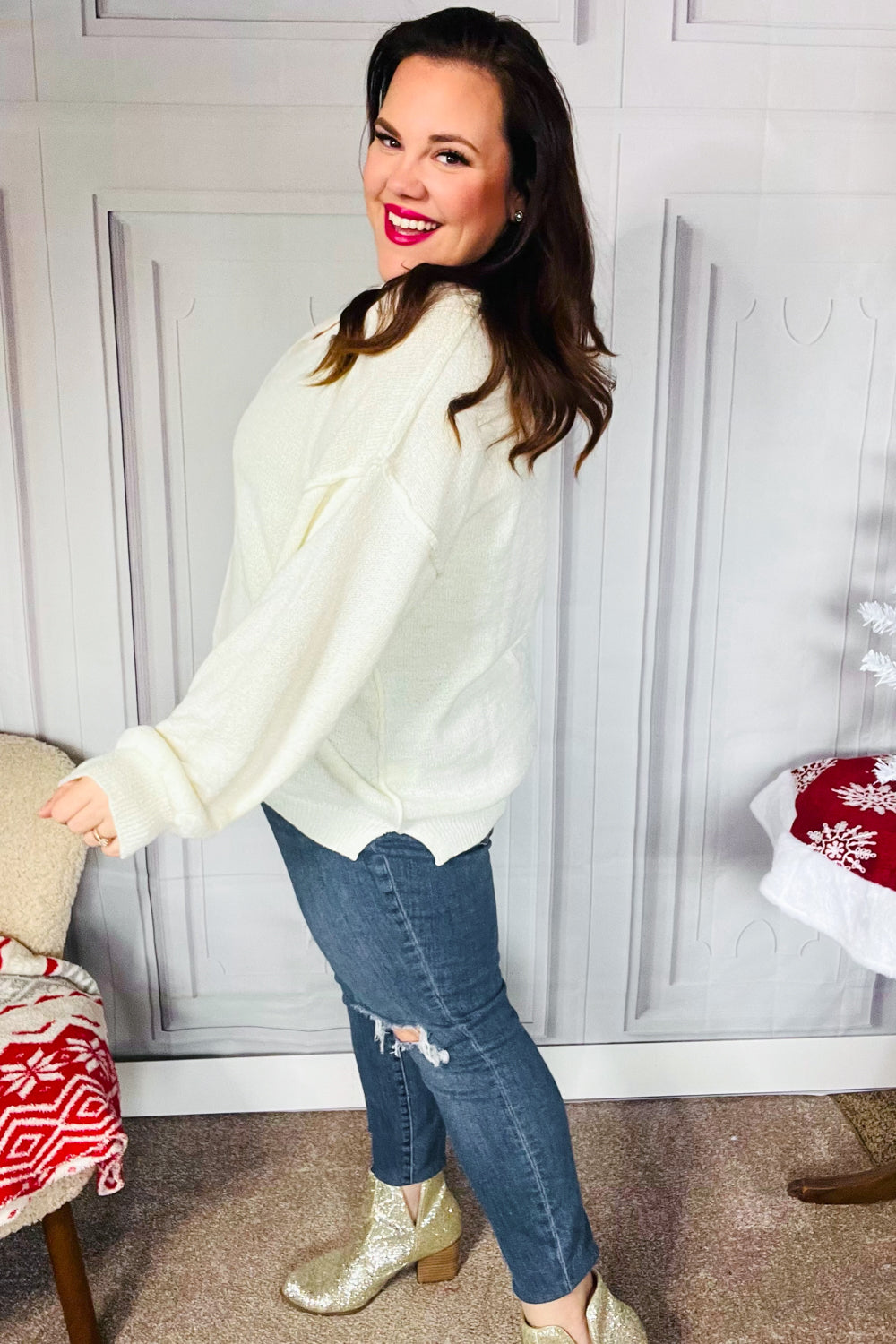 Lock Eyes Ivory Notched Neck With Patch Oversized Sweater - Charming Charlie