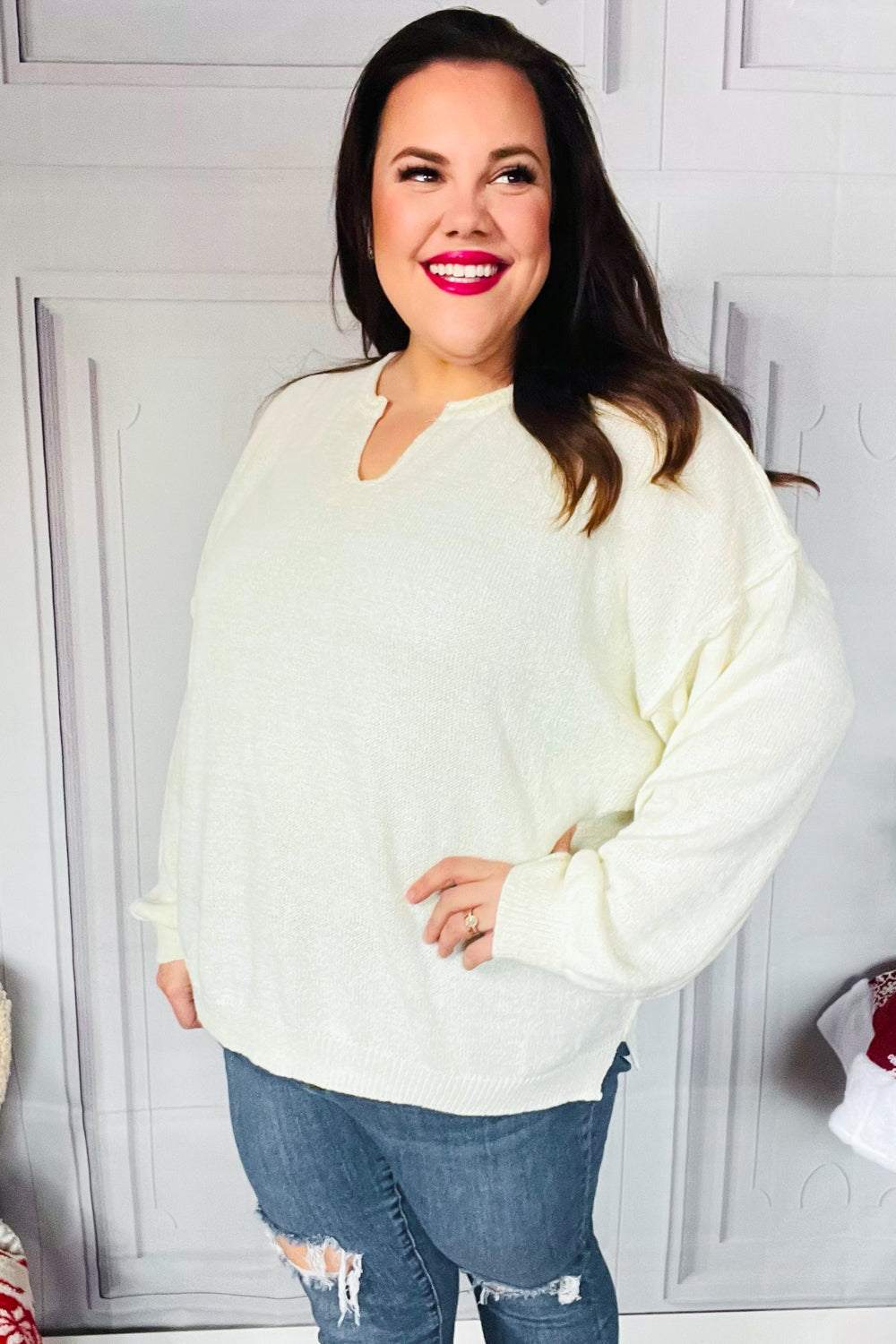 Lock Eyes Ivory Notched Neck With Patch Oversized Sweater - Charming Charlie