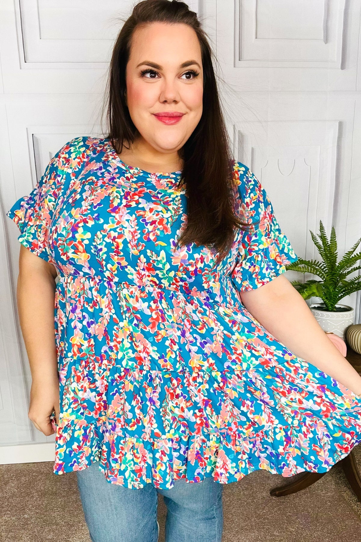 Looking Your Way Blue Floral Ruffle Hem Tiered Top - Charming Charlie