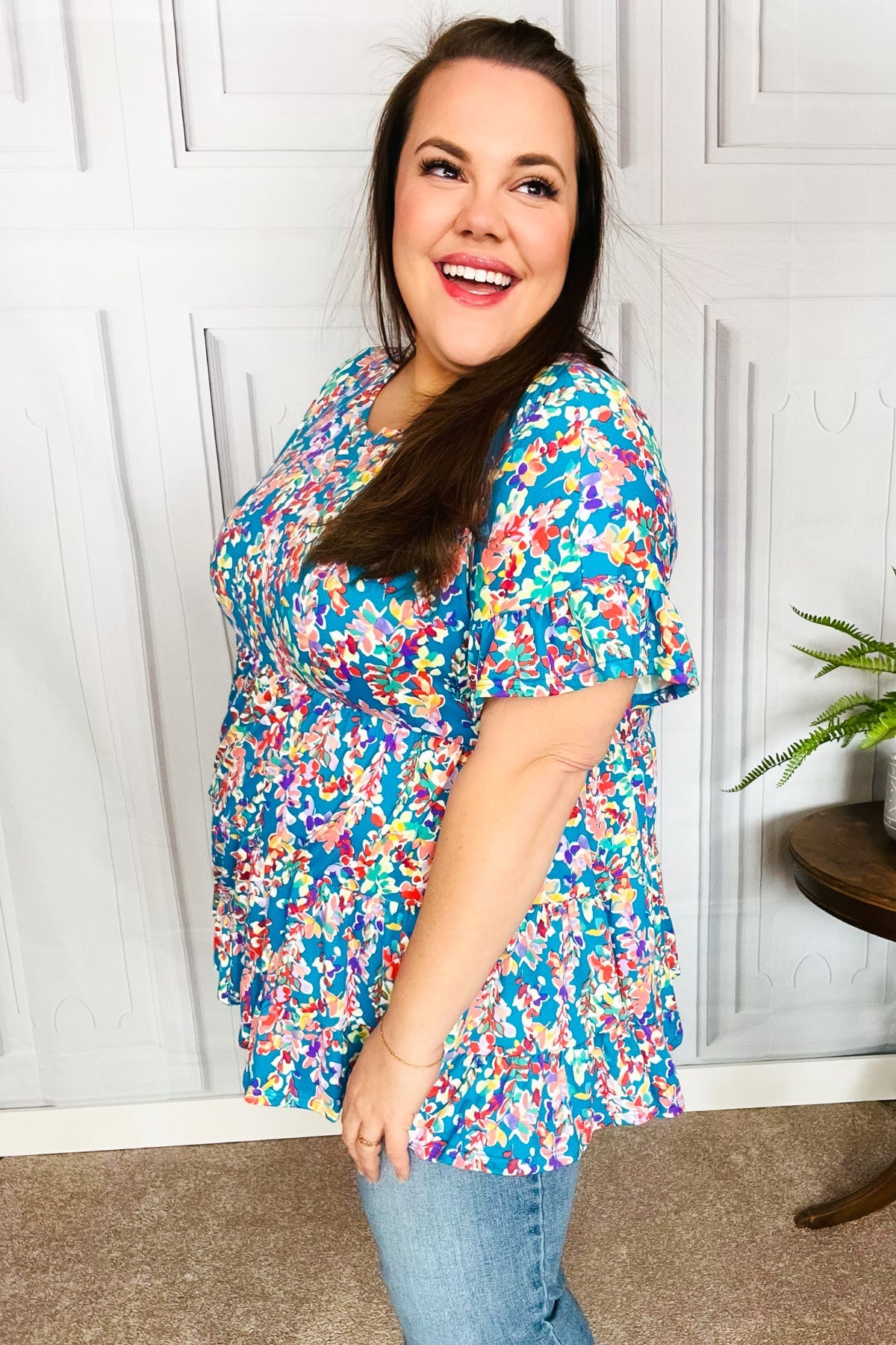Looking Your Way Blue Floral Ruffle Hem Tiered Top - Charming Charlie